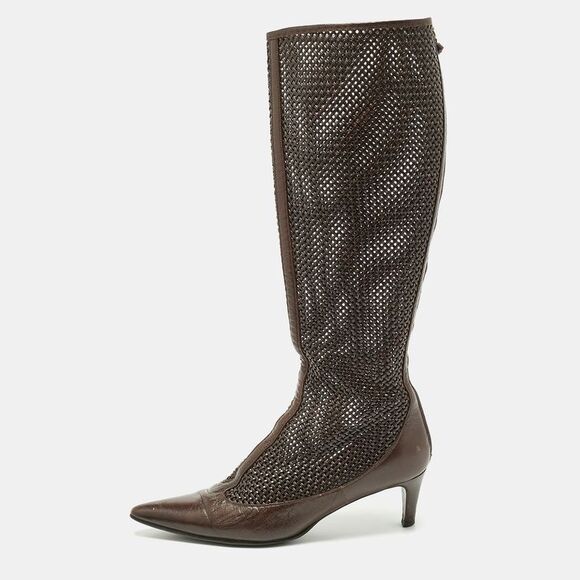 Bottega Veneta Shoes - Bottega Veneta Dark Brown Woven Leather Zipped Knee Length Boots Size 39.5